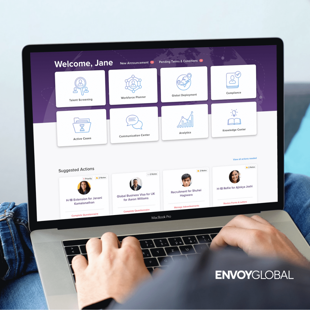 Image of a laptop open to the Envoy Global communication center. The Envoy Global logo is located in the bottom right hand corner.