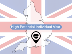 UK flag as a background and UK country outline as an overlay in white and the title "high potential individual visa". 