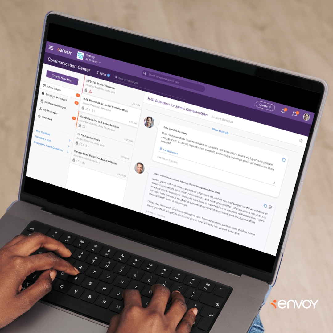 Image of a laptop open to the Envoy Global communication center. The Envoy Global logo is located in the bottom right hand corner.