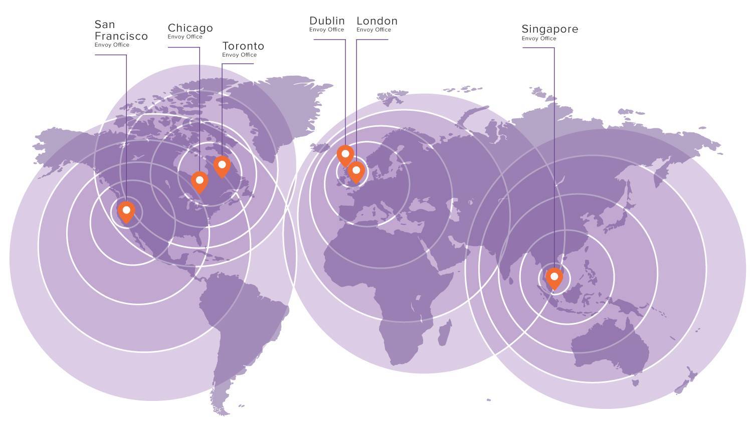A Mercator map projection in purple with radius around Envoy's regional global offices in the U.S., Singapore, Ireland, the UK, Canada and more.