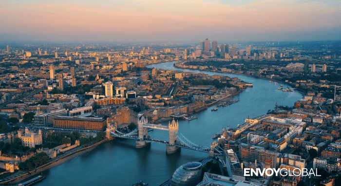 Image of the London skyline with the Envoy Global logo overlayed in white in the bottom right hand corner.