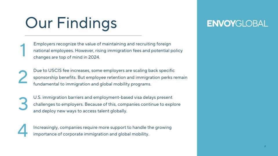 Image of the key findings of Envoy Global's 2024 U.S. Immigration Trends Report top four key findings.