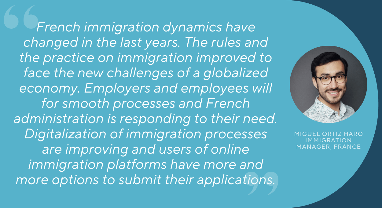 Blue graphic with a quote from Miguel Ortiz Haro, Immigration Manager, France.