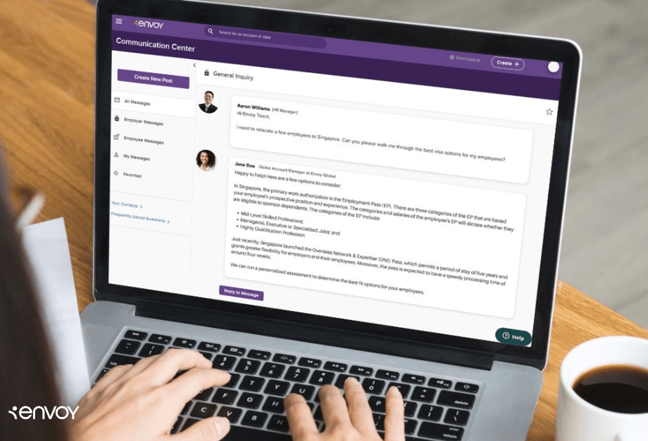 Screenshot of the Envoy platform communication center with a discussion about popular France immigration options.