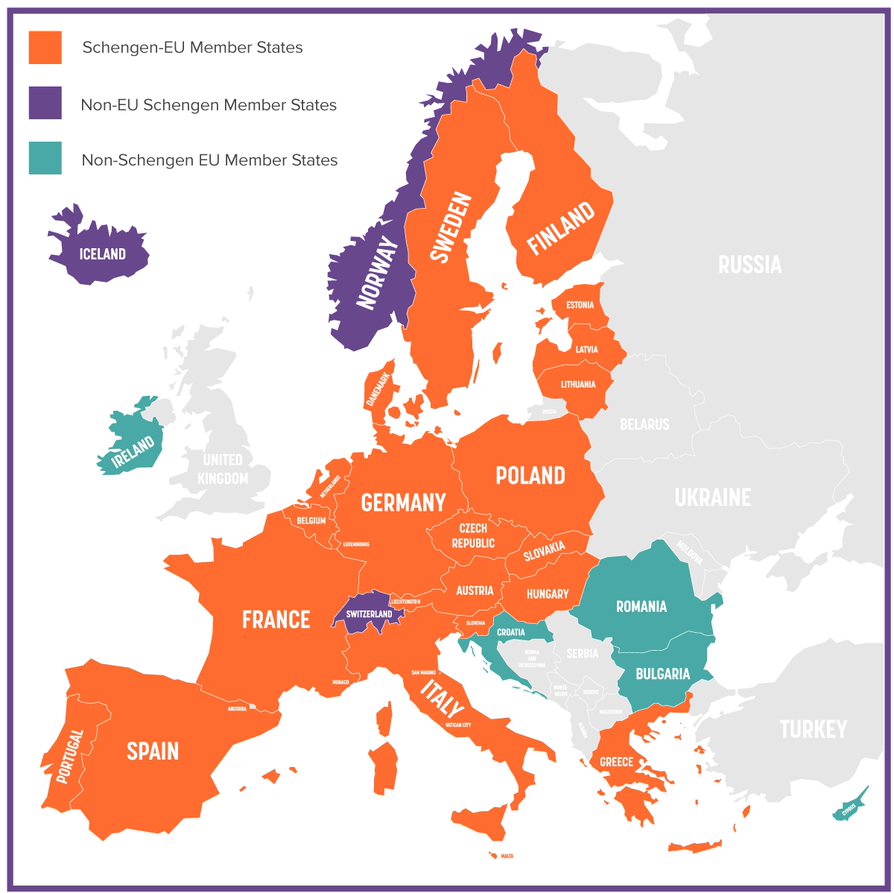 The Schengen Area visa countries and EU member states.