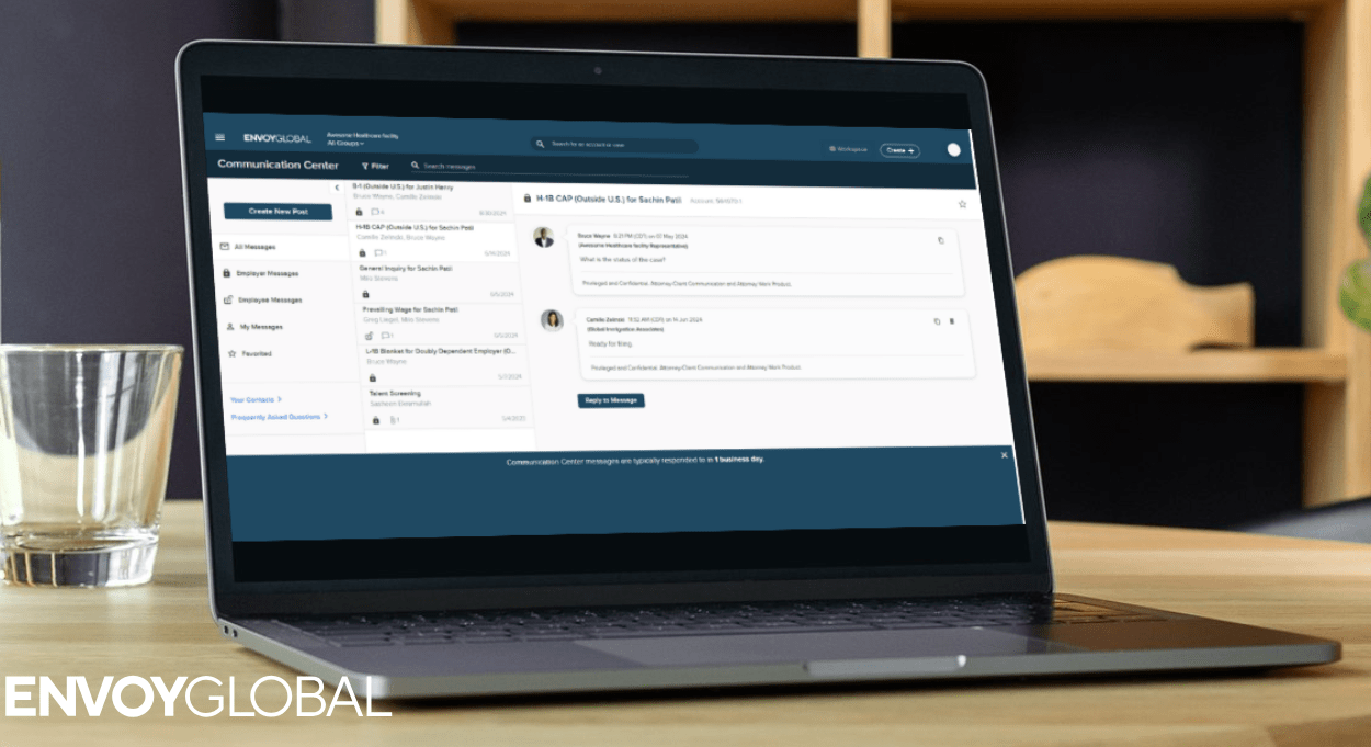Image of a laptop open to the Envoy Global communication center. The Envoy Global logo is located in the bottom right hand corner.